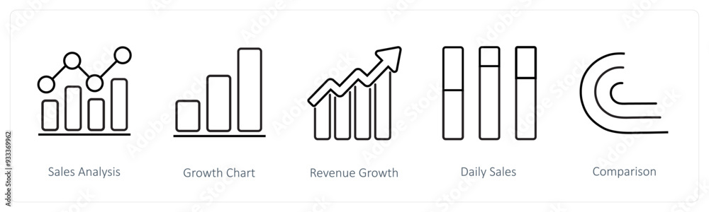 A set of 5 diagram and report icons such as sales analysis, growth chart A set of 5 diagram and report icons such as sales analysis, growth chart
