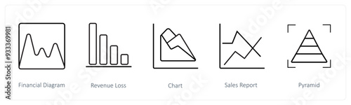 A set of 5 diagram and report icons such as financial diagram, revenue loss