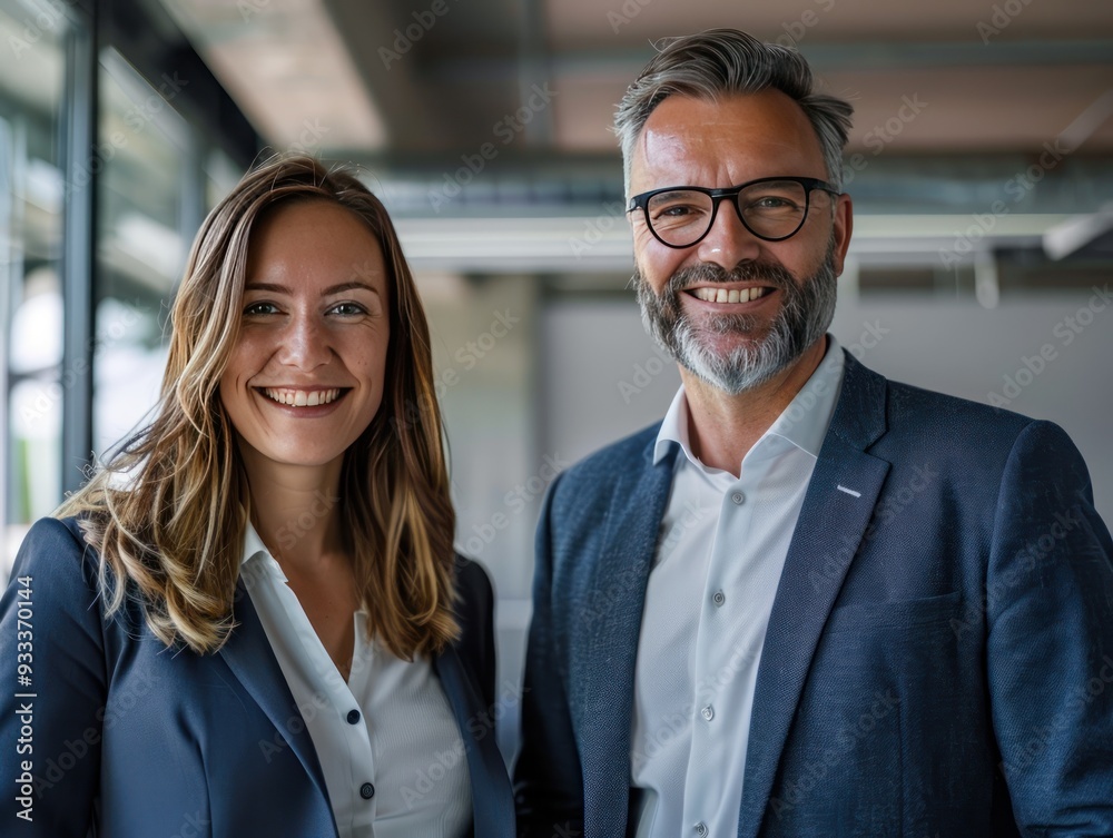 Professional portrait of a smiling business man and woman in modern office.