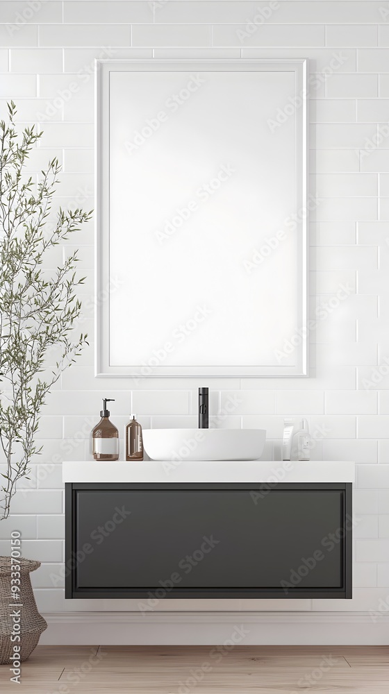 Fototapeta premium An elegant and contemporary powder room design featuring a white background frame,a modern farmhouse-inspired gray vanity cabinet,subway tile walls.