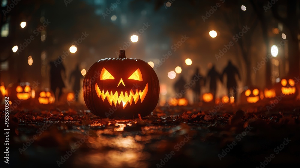 Fototapeta premium Haunting Halloween Night - Spooky Street with Glowing Jack-o'-lanterns and Shadowy Figures Under Eerie Atmosphere, Copy Space, Selective Focus. Ultra HD.