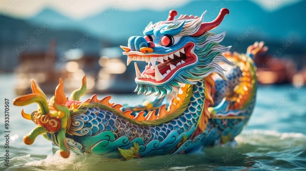 Fototapeta premium Energetic man rowing in dragon boat festival race on stunningly adorned dragon boat