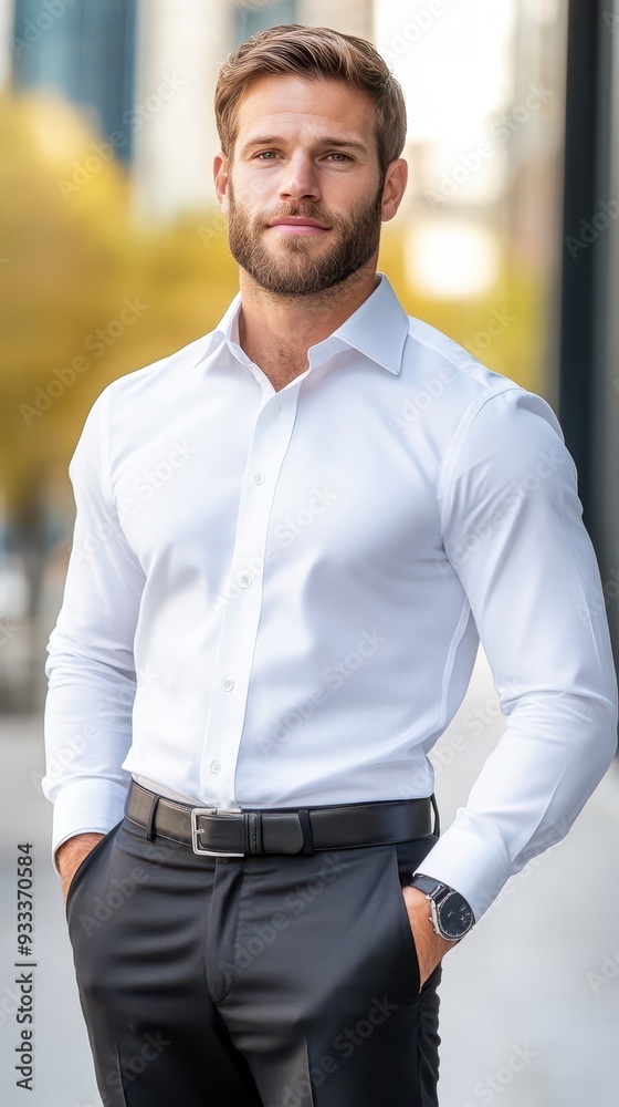 Confident man in a white shirt standing outdoors, showcasing modern style and professionalism amidst an urban backdrop. Confident man in a white shirt standing outdoors, showcasing modern style and professionalism amidst an urban backdrop.