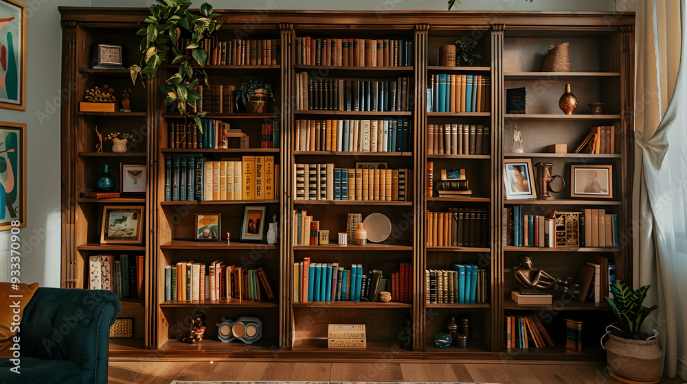 A well-organized wooden bookshelf with a mix of books and decorative items in a cozy room A well-organized wooden bookshelf with a mix of books and decorative items in a cozy room