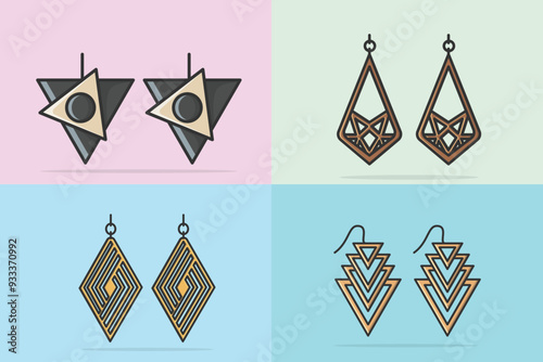 Collection of Women's colorful jewelry earrings vector illustration. Beauty fashion objects icon concept. Elegant women's jewelry decoration in unique style vector design.