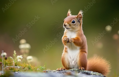 A curious squirrel stands on a rock amidst blooming wildflowers at dawn