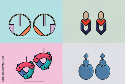 Collection of Women's colorful jewelry earrings vector illustration. Beauty fashion objects icon concept. Elegant women's jewelry decoration in unique style vector design.