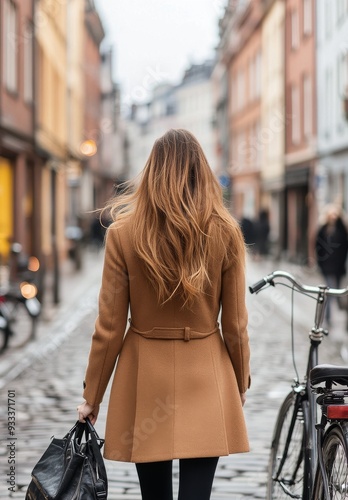 Woman walking in a stylish coat down a cobbled street with a bicycle beside her