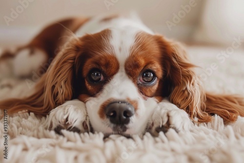 Charming cavalier King Charles spaniel lies in the room on a white carpet and looks at the owner