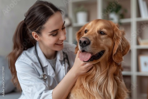 Female veterinarian interacting with a friendly golden retriever, showcasing a caring and professional demeanor in a modern clinic setting.