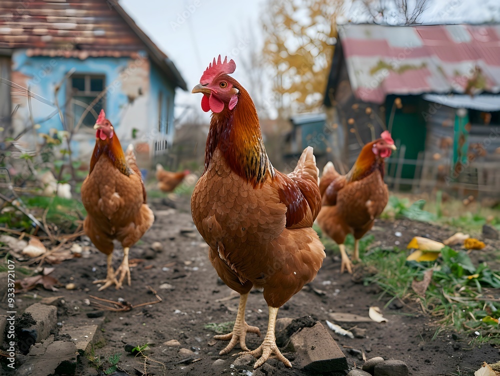 Fototapeta premium Free-range chickens foraging near an old barn in a rural setting during autumn