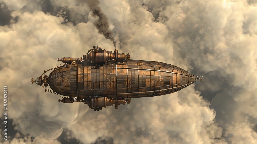A steampunk airship flying through the clouds. A steampunk airship flying through the clouds.