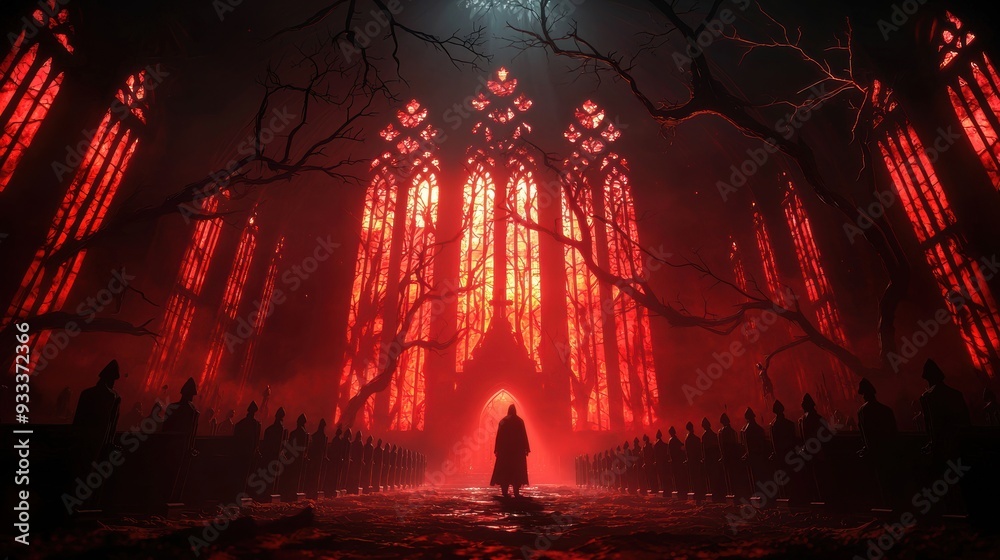 Fototapeta premium Eerie Gothic Church with Cracked Stained Glass â€“ Dark Spirits in Sacred Space | Selective Focus Ultra HD
