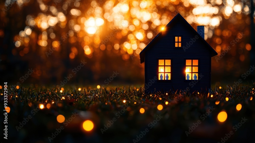 Haunting Dollhouse with Flickering Lights and Ghostly Figures Inside, Copy Space for Text, Selective Focus - Ultra HD