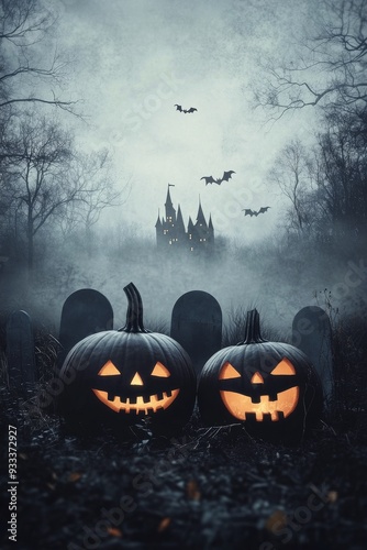 Jack-o'-lanterns glow in a spooky graveyard with a haunted castle at dusk