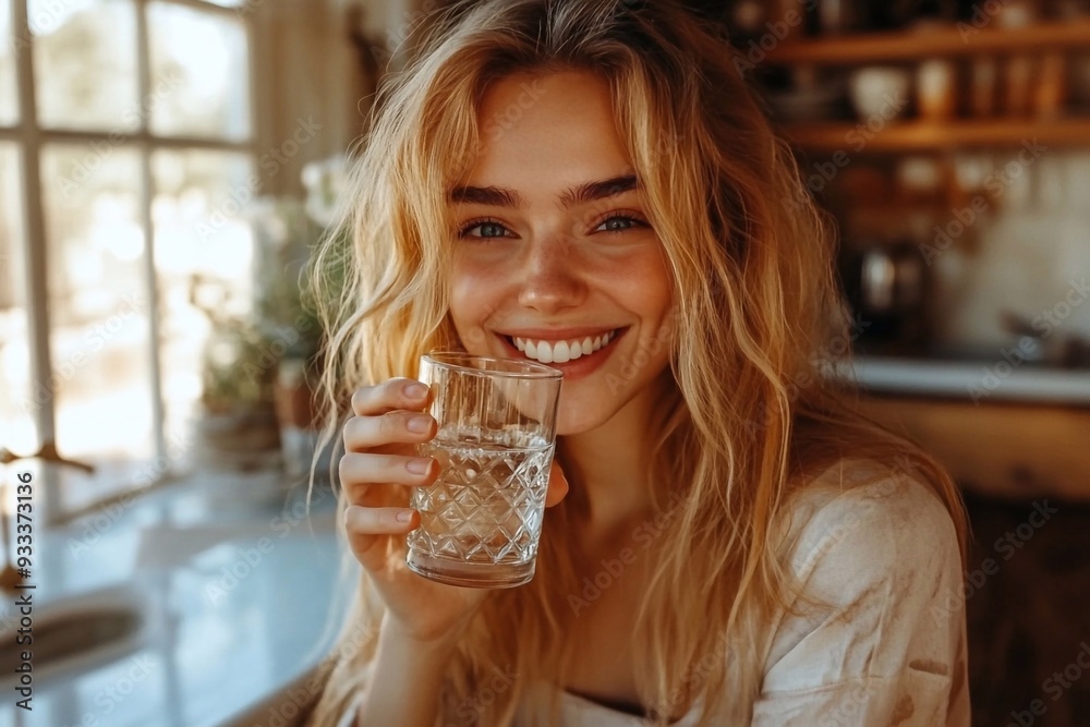 A young pretty cheerful woman is drinking glass water