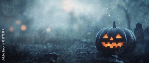 Spooky carved pumpkin on a misty Halloween night near a castle