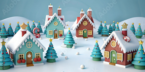 Colorful Christmas village with decorated houses and snowy landscape