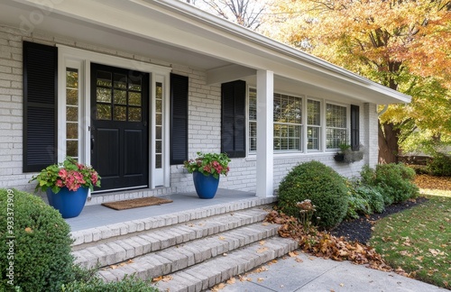 Colorful flower pots adorn the steps of a gray house during autumn in a subur...
