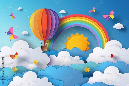 Beautiful fluffy clouds on a blue sky background with a hot air balloon and a sun