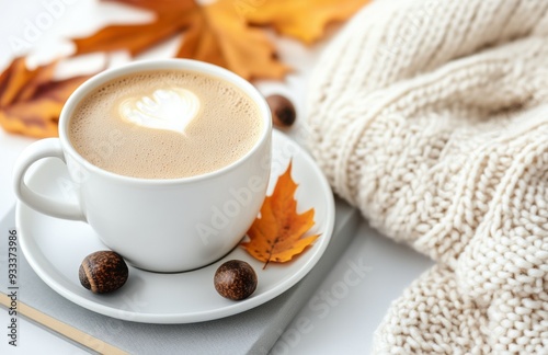 Warm coffee cup with latte art and autumn leaves beside a cozy sweater on a book