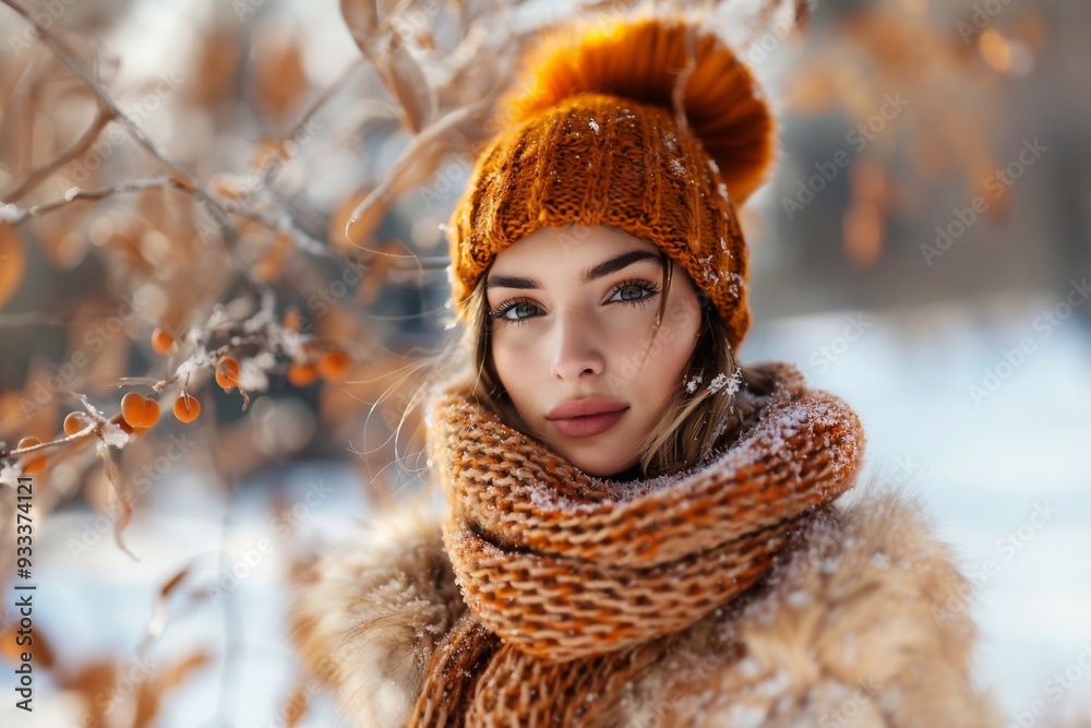 Beautiful Woman Wearing Fashionable Winter Clothes in park