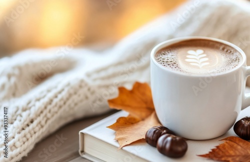 Cozy coffee cup with latte art beside autumn leaves and book in soft lighting