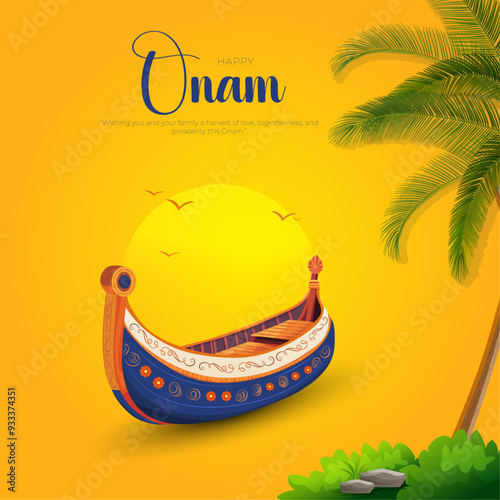 Happy Onam Post and Greeting Card. Minimal and Modern Onam Festival Poster and Flyer Template with Text and Onam Boat Race Vector Illustration