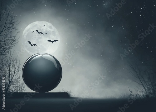 Bats flying near a large orb under a full moon at night