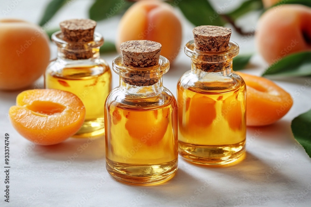 Elegant bottles of cosmetic oil placed alongside fresh apricots on a clean white surface. The arrangement showcases the luxurious texture of the oil and the vibrant, natural appeal of the apricots, em Elegant bottles of cosmetic oil placed alongside fresh apricots on a clean white surface. The arrangement showcases the luxurious texture of the oil and the vibrant, natural appeal of the apricots, em