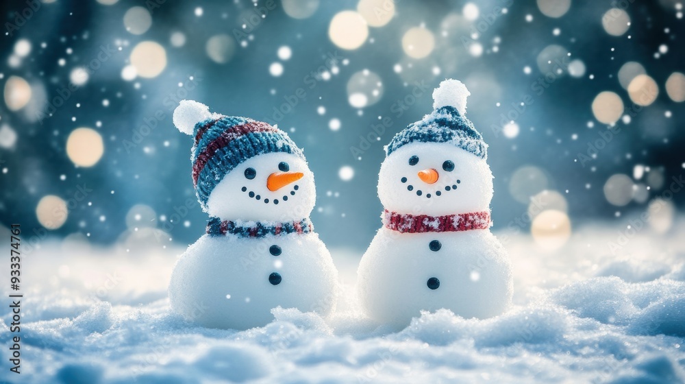 Two snowmen in hats and scarves standing next to each other, AI