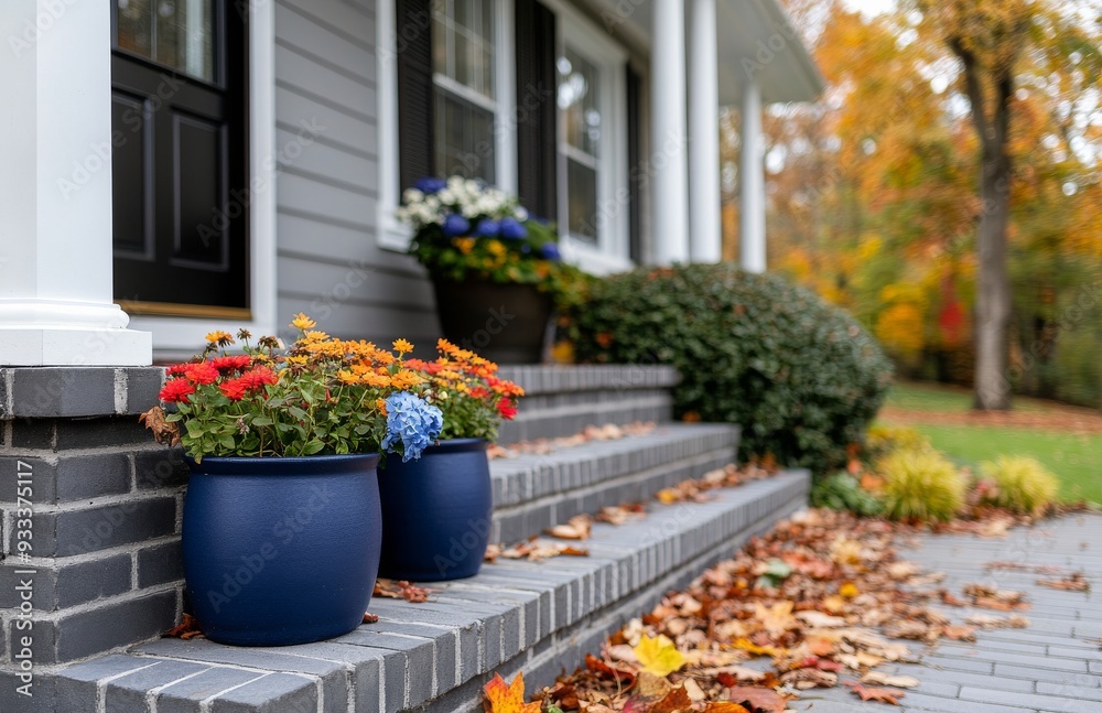 Obraz premium Colorful flower pots adorn the steps of a gray house during autumn in a suburban neighborhood