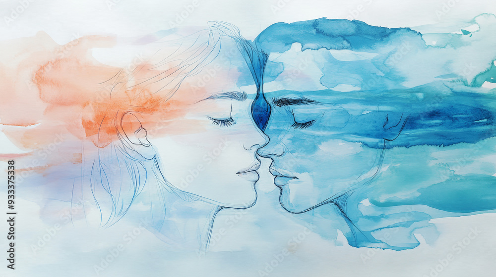 Watercolor drawing of a man and woman married couple in love kissing on Valentine's Day. Watercolor drawing of a man and woman married couple in love kissing on Valentine's Day.