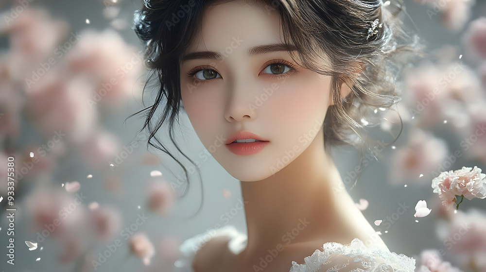 Portrait of a young woman with cherry blossoms falling around her. Portrait of a young woman with cherry blossoms falling around her.