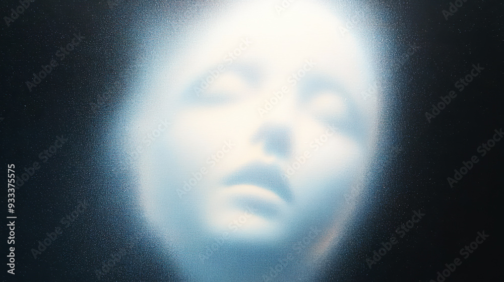 80s-style airbrush painting of a translucent, ghostly face glowing in the darkness. The face is rendered in white and pale blue colors, set against a foggy, symmetrical background 80s-style airbrush painting of a translucent, ghostly face glowing in the darkness. The face is rendered in white and pale blue colors, set against a foggy, symmetrical background