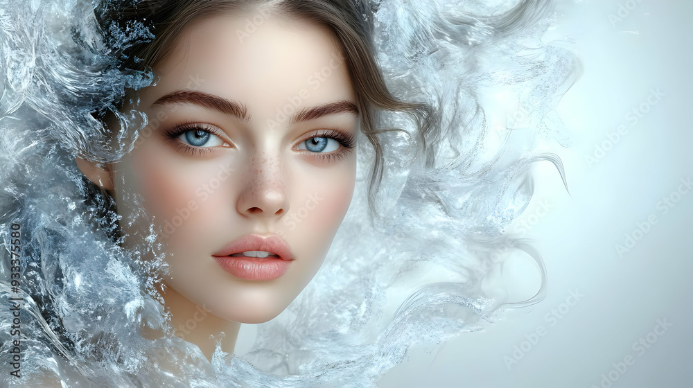 Portrait of a young woman with flowing water around her face. Portrait of a young woman with flowing water around her face.