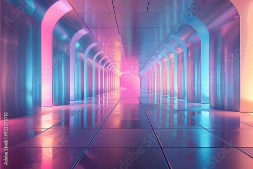 An abstract futuristic light corridor featuring sleek, glowing lines and high-tech illumination. The corridor’s design combines sharp angles and smooth curves, creating a dynamic and visually striking