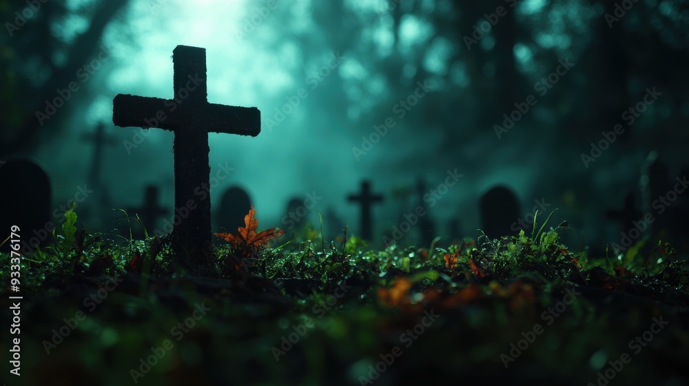 Spooky Halloween Scene: Eerie Fog in Old Cemetery with Ghostly Figures - Ultra HD Spooky Halloween Scene: Eerie Fog in Old Cemetery with Ghostly Figures - Ultra HD