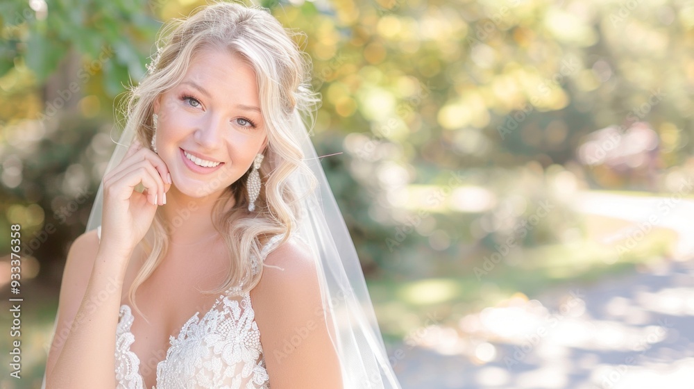 The bride smiles warmly while wearing an elegant wedding dress and veil, surrounded by vibrant autumn foliage The bride smiles warmly while wearing an elegant wedding dress and veil, surrounded by vibrant autumn foliage