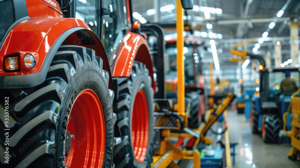 A row of tractors parked in a warehouse A row of tractors parked in a warehouse
