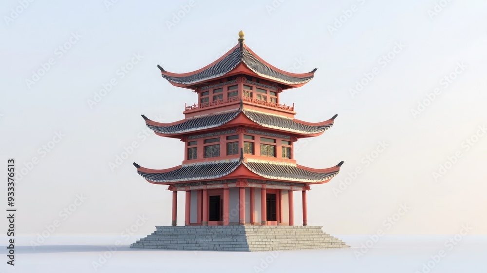 Fototapeta premium Traditional Chinese Pagoda with curved roof and red pillars, isolated on white background.