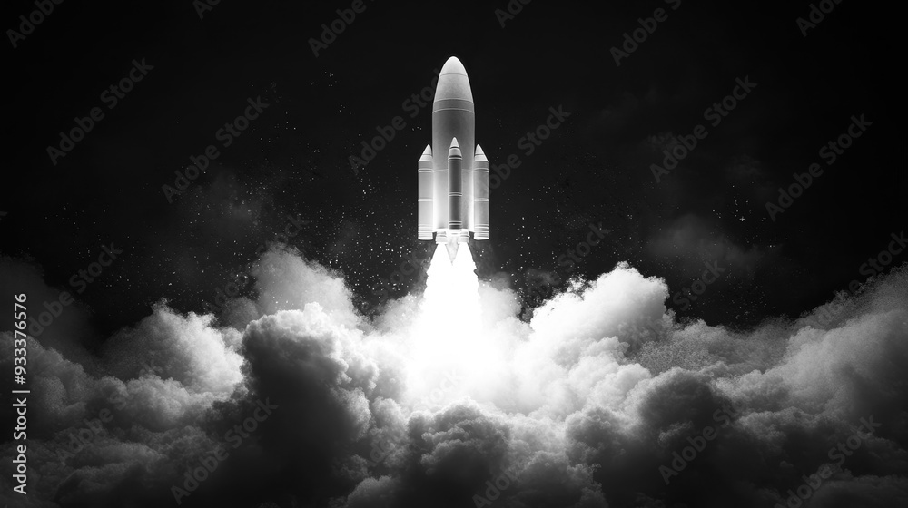 Naklejka premium Black and white illustration of a rocket taking off from the ground, surrounded by clouds, against a black background