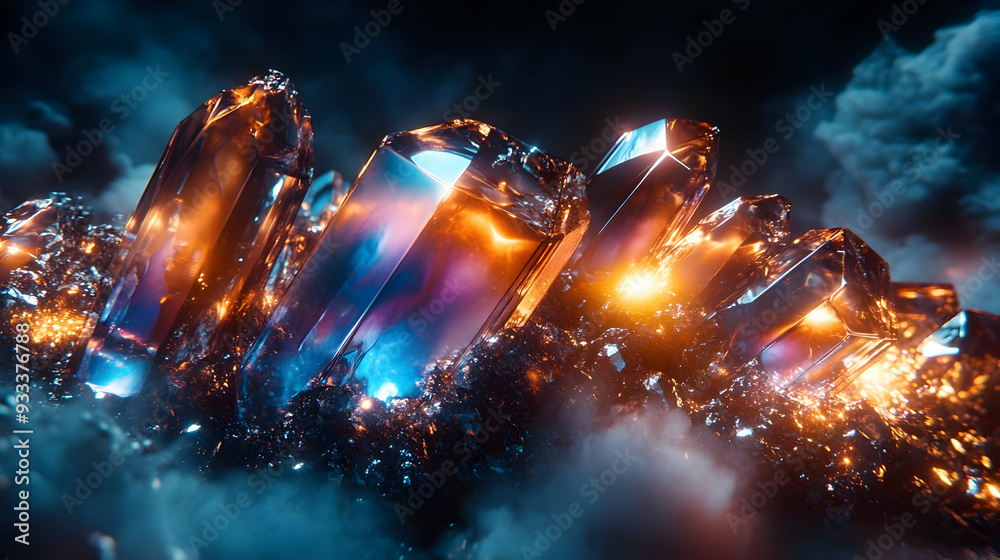 Sparkling crystals glowing with an orange and blue light on a dark background. Sparkling crystals glowing with an orange and blue light on a dark background.