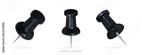 3D Black push pin icon set with different rotation. Thumbtack with metal needle. Office and school supplies. Stationery emoji elements. Cartoon design objects. 3D Vector Illustration