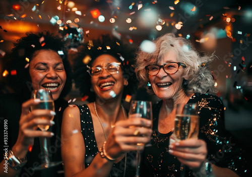 AI generated photo with multi ethnic senior women friends celebrating New Year's Eve with champagne and confetti. Festive sparkle New year's party