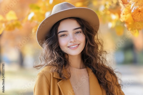 Young woman smiling in a brown hat and coat among autumn leaves in a park