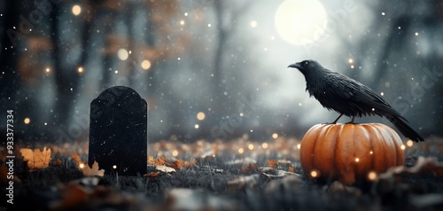 Pumpkin with a carved face and crow in a spooky graveyard during Halloween night