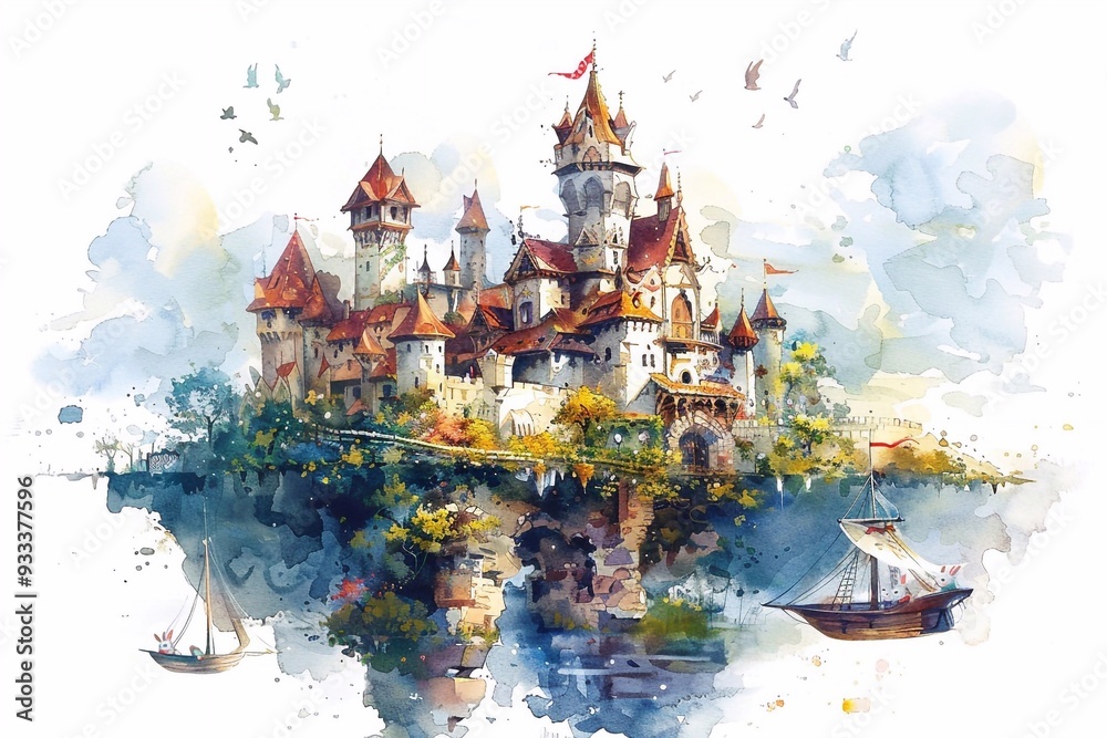 Obraz premium Flying Castle and boat. cute Watercolor Illustration