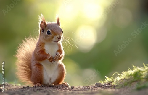 Red squirrel standing on a mossy surface in a sunlit forest during early morn...