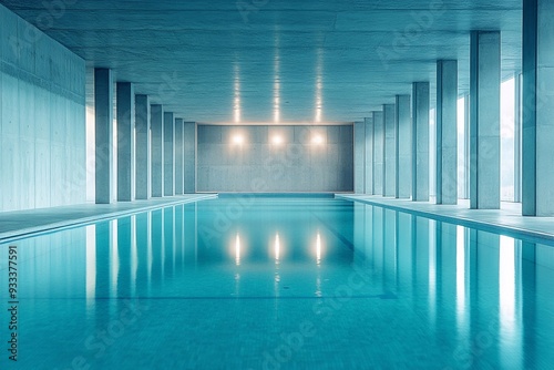 An image of a serene, indoor swimming pool with sunlight streaming through large windows, casting shimmering patterns on the crystal-clear water. The pool tiles reflect a soft blue hue, and the calm w